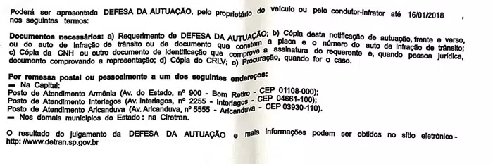 Notificação com data limite e endereço para envio do recurso de multa